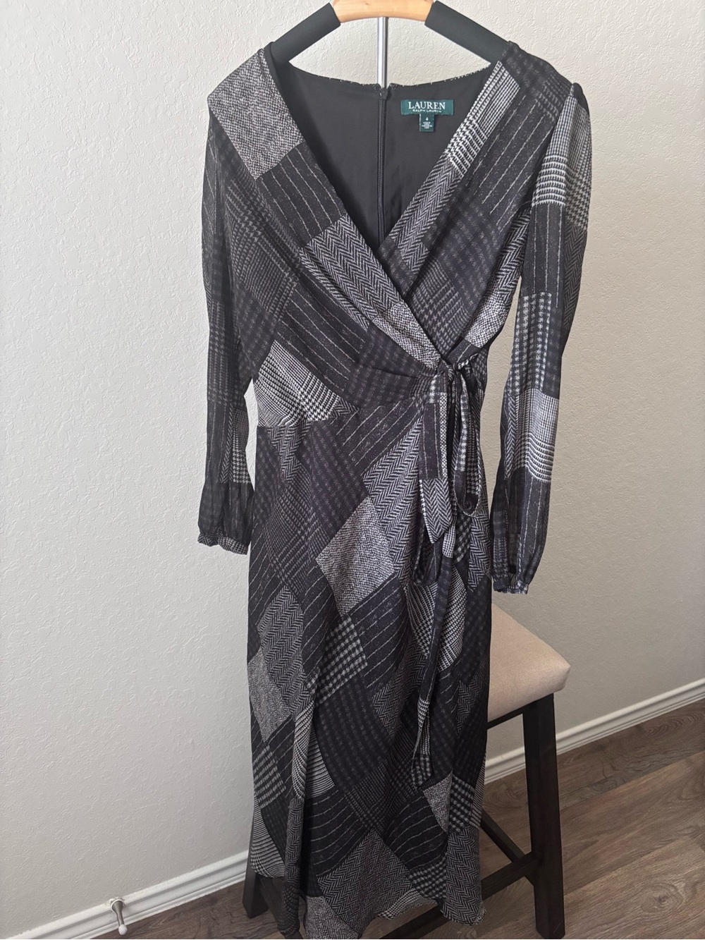Lauren Ralph Lauren Patchwork Faux Wrap Midi Dress 4 Black Gray Plaid